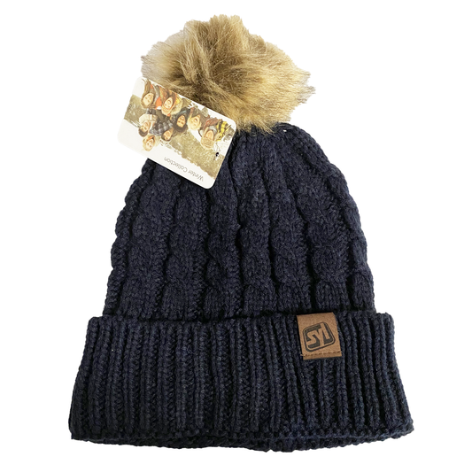 Hat: Knit Beanie Faux Pom Navy